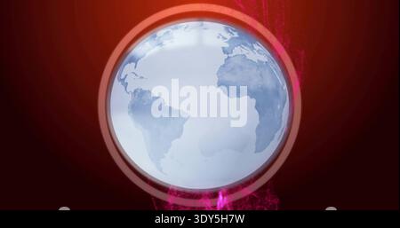 Rotating stylized globe showing blue continents in digital backdrop, glowing rim and magenta smoke Stock Photo
