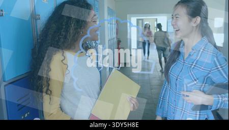 Talking two students in school corridor wearing plaid shirt, holding yellow folder by blue lockers Stock Photo
