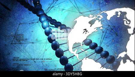 Displaying stylized DNA helix running diagonal across blue gradient, with North America silhouette Stock Photo