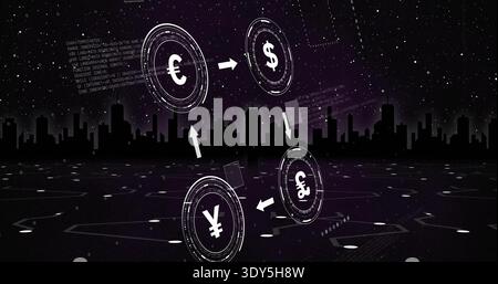 Displaying four floating currency HUDs exchanging via white arrows over virtual grid at night Stock Photo