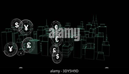 Glowing cyan wireframe cityscape receding right on black, showing HUD tokens $ â‚¬ Â£ Â¥ Â¢ Stock Photo