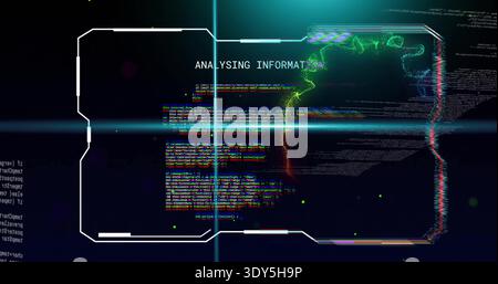 Displaying HUD panel showing ANALYSING INFORMATION, code, green waveform, cyan flare in console Stock Photo