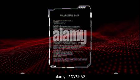 Displaying holo data panel COLLECTING DATA in dark void, with red dot grid and glitch artifacts Stock Photo