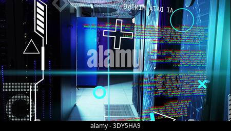 Displaying central server rack cabinets in data center aisle with AI DATA MINING overlays Stock Photo