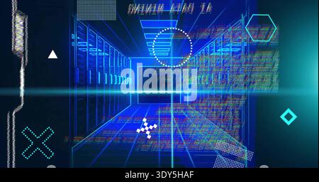 Glowing neon-blue server corridor showing wireframe grid in data-tunnel with holo HUD, racks, beam Stock Photo