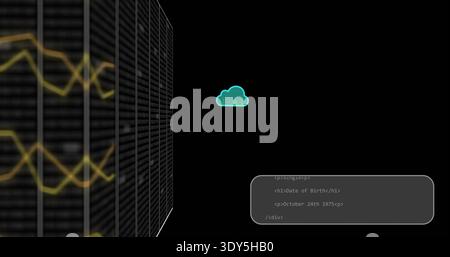 Displaying tall server rack showing yellow waveforms at left, neon cloud and code panel, copy space Stock Photo