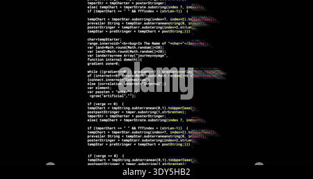 Displaying monospaced JavaScript on monitor in dark editor, showing syntax colors and RGB glitch Stock Photo