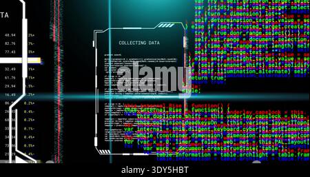 Displaying central data panel titled COLLECTING DATA streaming code on HUD, left readout right code Stock Photo