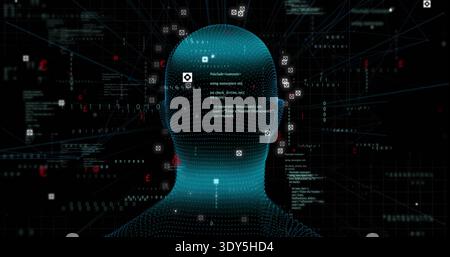 Displaying teal dotted mesh head emitting node links in virtual cyberspace, with code and UI icons Stock Photo