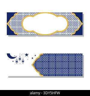 Muslim abstract greeting banner. Islamic vector illustration at mosque, gold color. blue color background Stock Vector