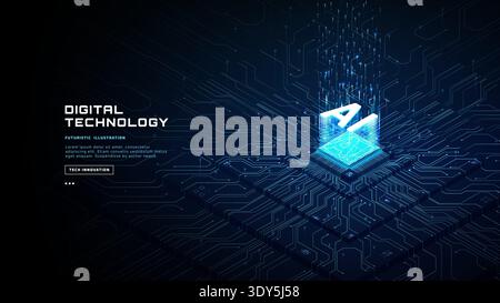 Abstract AI processor on circuit board with neon glowing lines Stock Vector