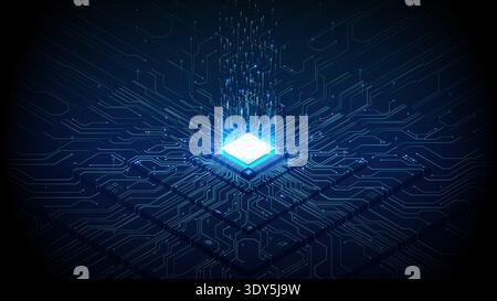 Glowing AI chip with circuit connections on blue tech background Stock Vector