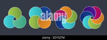 Venn circle diagram set showing three four five and six segment intersections in one design for infographic flow charts and balanced process or Stock Vector
