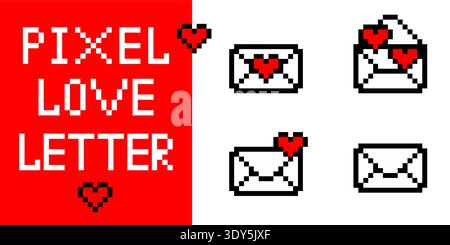 Red heart pixel envelope icon set in retro videogame style featuring digital love letter mail concept for arcade gamer design 8bit graphic Stock Vector