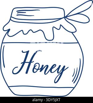 Glass jar with the word honey in doodle sketch style. Simple hand drawn outline illustration of closed jar with sticker and inscription. Healthy Stock Vector