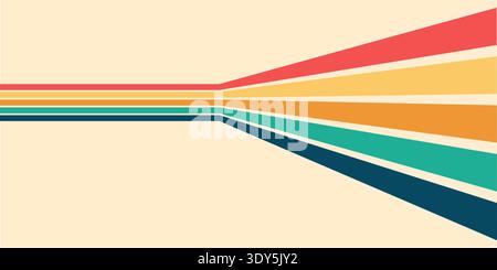 Retro inspired rainbow waves pattern with colorful curvy lines. Groovy vintage 70s background, abstract psychedelic sunshine design with warm summer Stock Vector