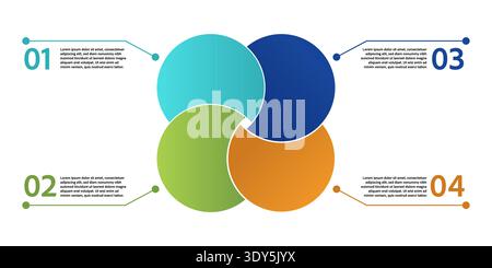 Four part venn diagram in a geometric circle layout with smooth line intersections for info flow, relationship mapping or business presentation Stock Vector