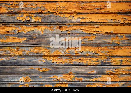 Old wooden planks showing peeling orange paint creating grunge background Stock Photo
