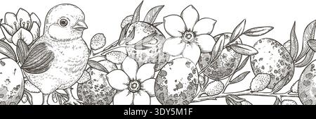 Easter seamless border with cute chick and quail egg in vintage sketch style. Hand drawn vector design of flower and grass. Outline graphic print for card template. Perfect for spring holiday season. Stock Vector