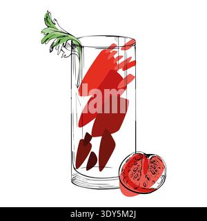 Bloody Mary, juice vector with celery and tomato garnish in highball glass hand drawn in ink. Red accent tones, crisp outlines. Perfect for brunch Stock Vector