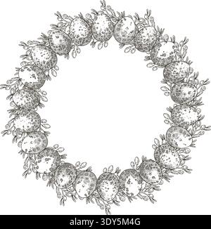 Easter wreath with eggs and wildflower in vintage style. Hand drawn vector decorative festive design. Graphic circle frame for outline art greeting card template. Perfect for spring holiday season. Stock Vector