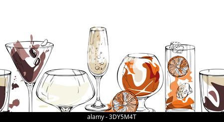 Whisky, coffee and tea beverages, champagne and dark shots with oranges. Seamless vector strip with warm accents. Hand drawn banner for craft layouts Stock Vector