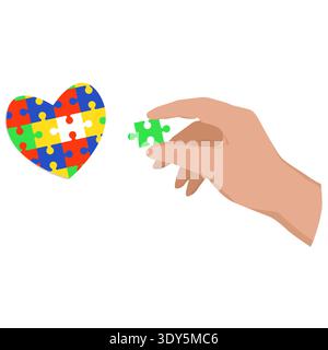 A hand holding a jigsaw puzzle and assembling a heart-shaped puzzle: a concept of love, relationships, and psychology. Vector illustration. Illustrati Stock Vector