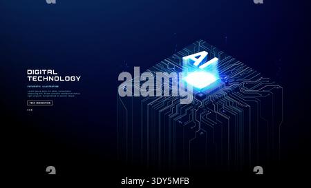 High tech artificial intelligence processor with holographic glow.  Stock Vector