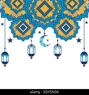 Blue Islamic background with golden ornament border pattern and green color, ramadan background concept Stock Vector