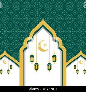 Ramadan Kareem design on green Islamic background with gold ornament star, moon, mosque, lanterns and islamic elements. Suitable for raya and ramadan Stock Vector