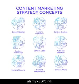Content marketing strategy blue gradient concept icons Stock Vector