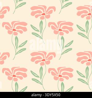 Retro pattern with minimalist pink flowers and green leaves on cream background in boho style. Vector illustration Stock Vector
