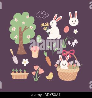 Easter spring vector element set. Cute flat bunny, chick, egg, flower and carrot illustration. Holiday clipart collection for sticker, nursery decor Stock Vector