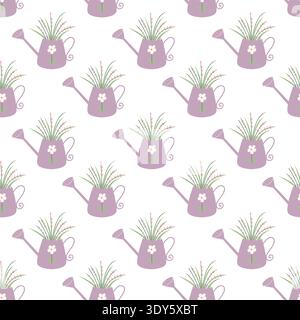 Watering can seamless pattern vector. Cute flat garden watering can with flower illustration. Spring floral repeat background for fabric, textile and Stock Vector