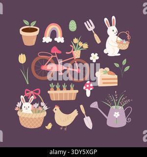 Spring easter garden element vector set. Cute flat bunny, chick, bicycle, flower and carrot illustration. Holiday clipart collection for sticker Stock Vector