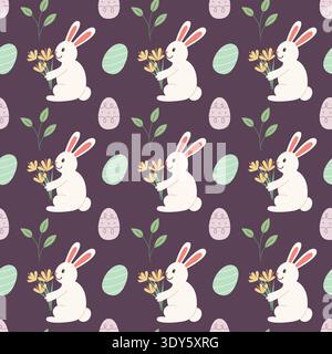 Easter bunny seamless pattern vector. Cute flat rabbit with flower and decorated egg illustration. Spring holiday repeat background for fabric Stock Vector