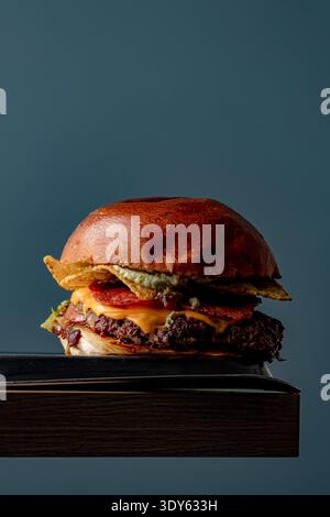 Burger on a dark background isolated with space for text Stock Photo