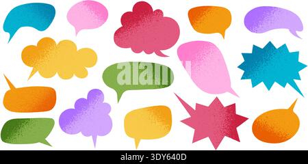 Set of cute colorful speech bubbles with gritty textures. Dialogue balloons, text boxes, quotation frames, message tags, idea clouds, thought labels isolated on white background. Vector illustration. Stock Vector