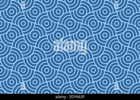 Seamless pattern with blue overlapped circles in traditional Asian style. Background with sea or ocean water, dragon or fish scale texture. Abstract oriental ornament. Vector flat illustration. Stock Vector