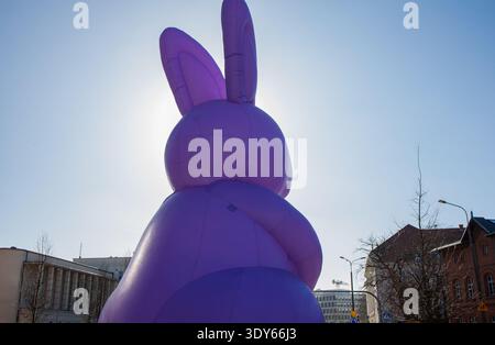 Giant inflatable purple Easter bunny statue standing in city center. Traditional Easter celebration city decoration. Stock Photo