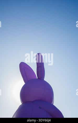 Giant inflatable purple Easter bunny head with the background of a clear blue sky. Easter celebration decoration in the city Stock Photo