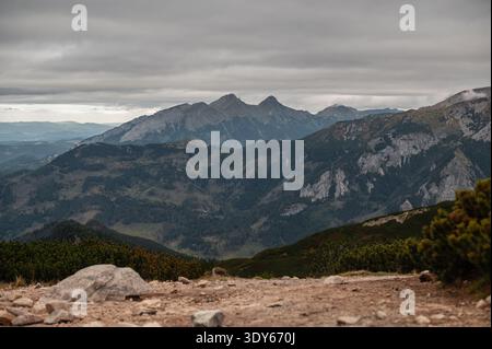 Panoramic view of the majestic Tatra Mountains under a cloudy sky Stock Photo