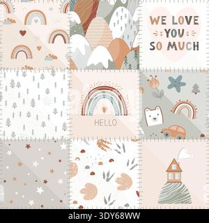 Seamless patchwork pattern with kawaii baby pastel drawing and stylized sews. Cute and cozy nursery background. Vector illustration. Stock Vector