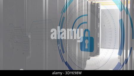 Showing server rack aisle featuring open cabinets and security HUD with blue padlock in server room Stock Photo