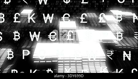 Floating white currency symbols hovering over dark data grid, glowing panels reflecting binary code Stock Photo