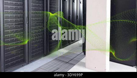 Lining left server racks along datacenter aisle, LEDs glowing, green datawave flowing, white column Stock Photo