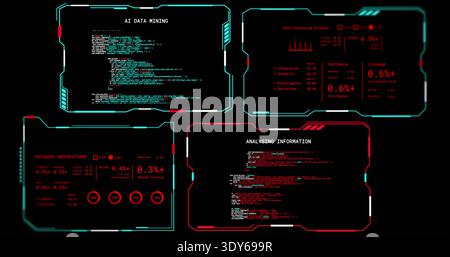 Displaying four HUD panels showing code, charts and metrics in virtual console, neon accents Stock Photo
