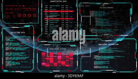 Displaying HUD showing cyan-framed panels with MONITORING SYSTEM heatmap over orbital horizon Stock Photo