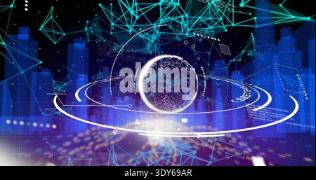 Pulsing central data core emitting analytics in holographic dashboard, showing rings, charts, nodes Stock Photo