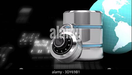 Displaying chrome combo dial padlock on metal server cylinder in cyberspace showing turquoise globe Stock Photo